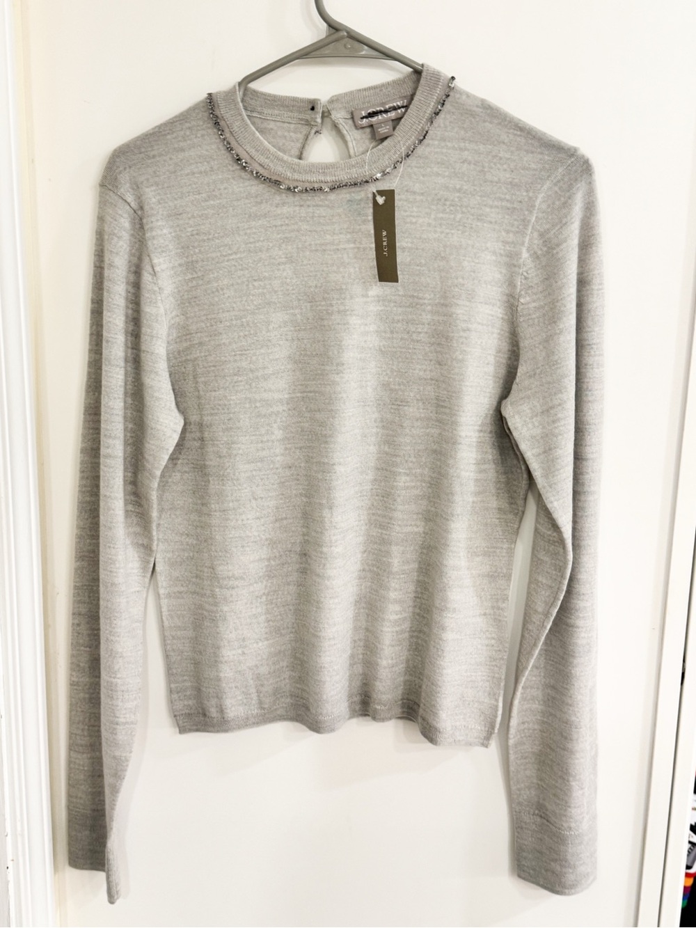 J. Crew Light Gray Crewneck Sweater w/ Sequin Accents Merino Wool Sz L NWT
